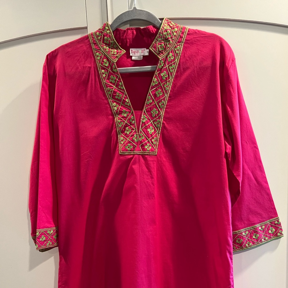 Top it off Tunic Deep Pink with Bright Green embroidery size M